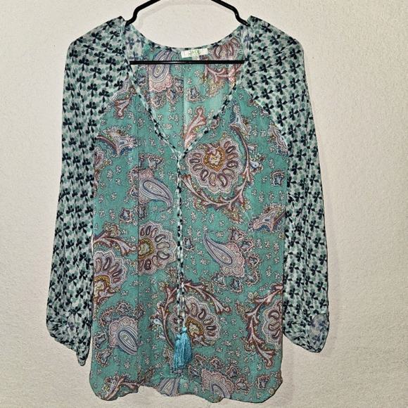 Jade Melody Tam teal long sleeve sheer paisley multi print tassel size S - Picture 1 of 8